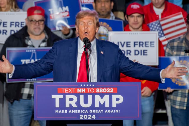 <p>Republican candidate for President Former US President Donald Trump, addresses a crowd of supporters during a rally at the University of New Hampshire in Durham, New Hampshire, USA, 16 December 2023</p>