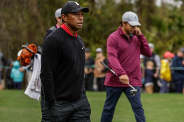 Tiger Woods, left, and son Charlie, right, walk to the green during the final round of the PNC Championship (Kevin Kolczynski/AP)