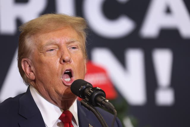 <p>Republican presidential candidate and former U.S. President Donald Trump speaks to guests at a campaign event on December 19, 2023 in Waterloo, Iowa</p>