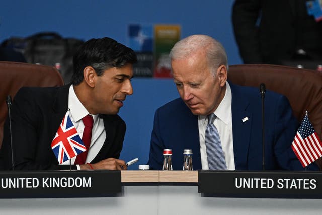 <p>Rishi Sunak and Joe Biden during the Nato summit in Vilnius, Lithuania, in July</p>