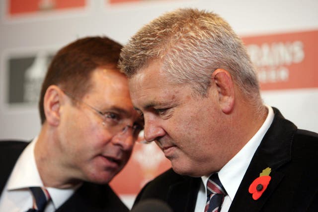 WRU chief executive Roger Lewis (left) unveils Warren Gatland as the new Wales boss (James Davies/PA)