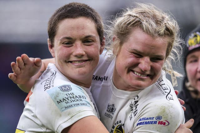 Exeter Chiefs’ Poppy Leitch (left) is hoping her side are moving “in the right direction” ahead of the new Premiership Women’s Rugby season (Ben Whitley/PA)