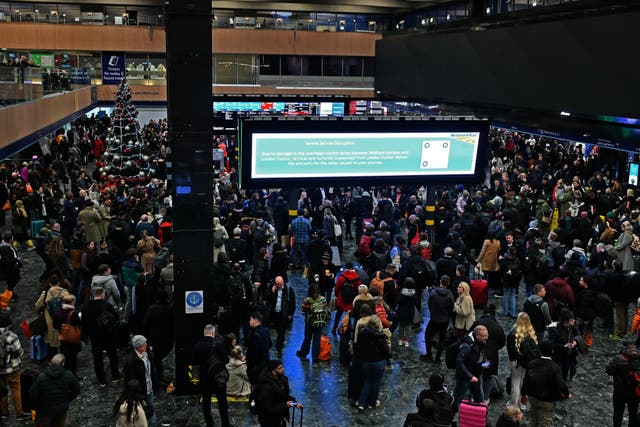 <p>Rail travellers stood beneath empty departures boards at Euston on Thursday as the chaos unfolded</p>