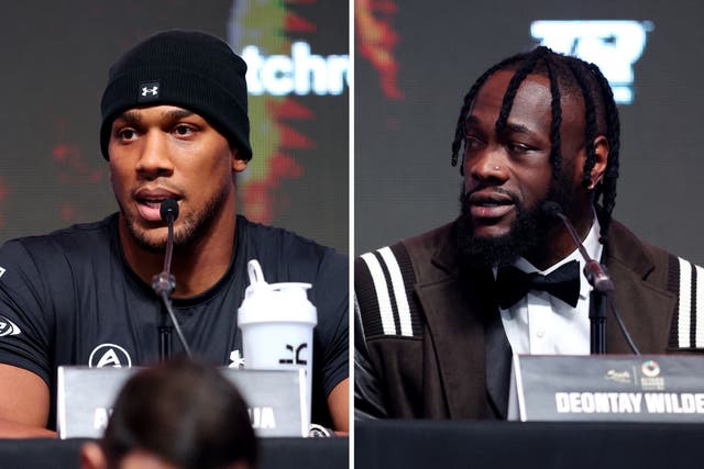 <p>Anthony Joshua, left, and Deontay Wilder on stage at a press conference in Wembley</p>