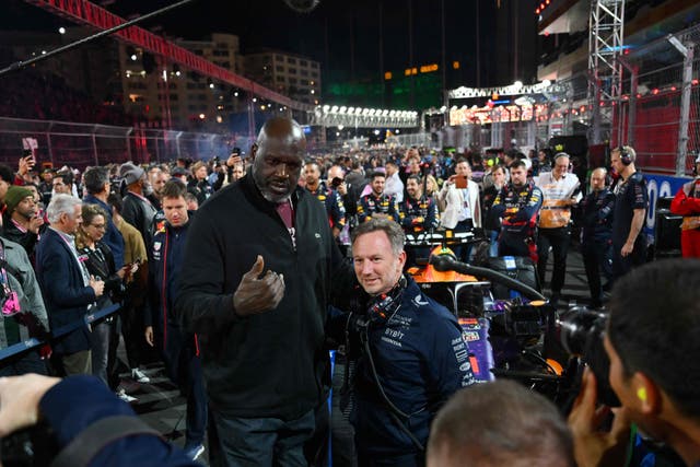 <p>Shaquille O’Neal meets Red Bull’s Christian Horner on the Las Vegas Grand Prix grid </p>