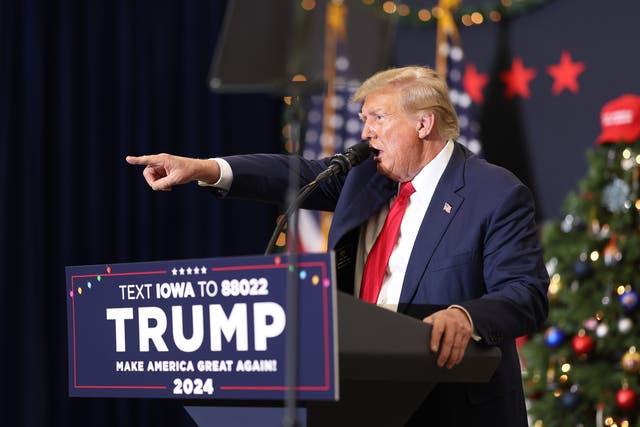 <p>Former US president Donald Trump addresses a rally crowd in Waterloo, Iowa, on 19 December 2023</p>