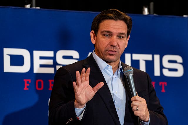 <p>Ron DeSantis speaks in Cedar Rapids, Iowa, on 19 December 2023</p>