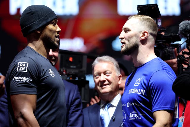 <p>Anthony Joshua (left) will box Otto Wallin in Saudi Arabia on Saturday </p>