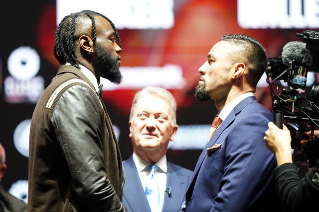 <p>Wilder (left) and Parker face off at Wembley Arena</p>