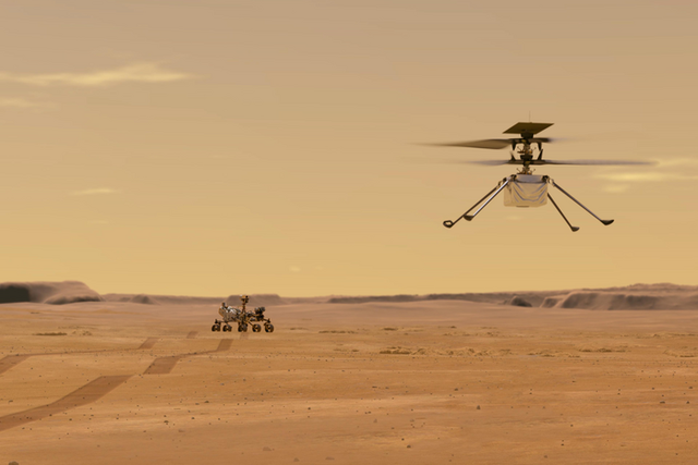 <p>This illustration depicts Mars helicopter Ingenuity during a test flight on Mars</p>